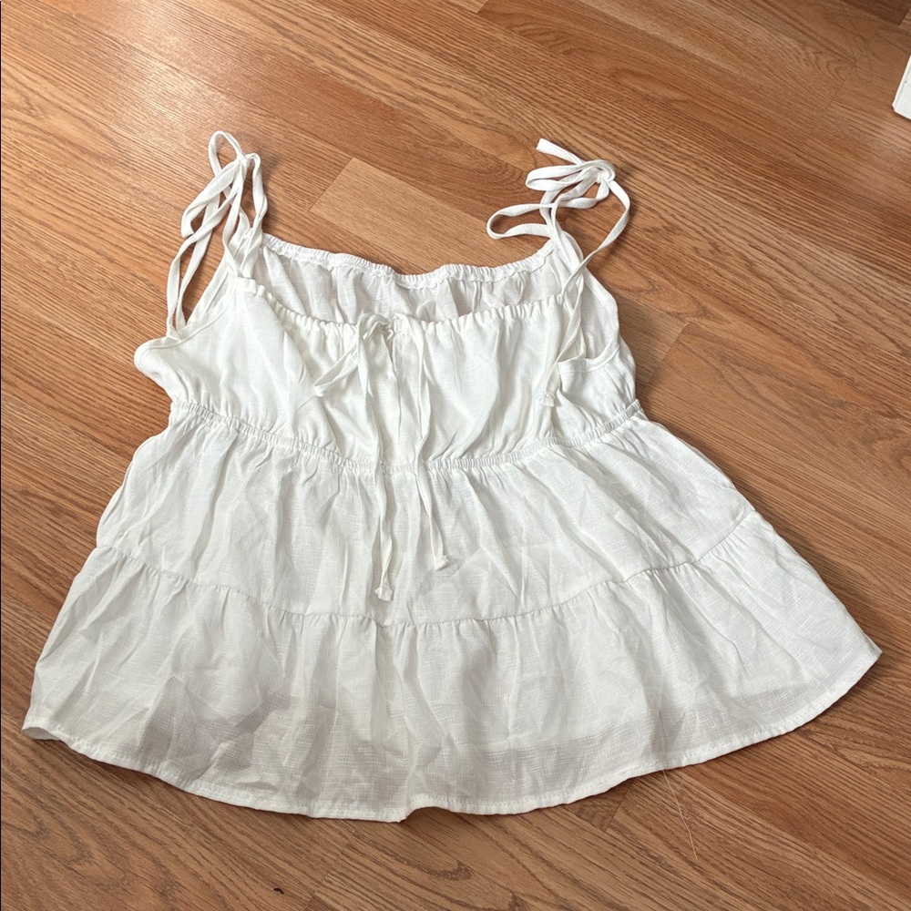 Romwe White Tiered Babydoll Cami Top Tie Shoulder Cottagecore Peplum Tank Medium